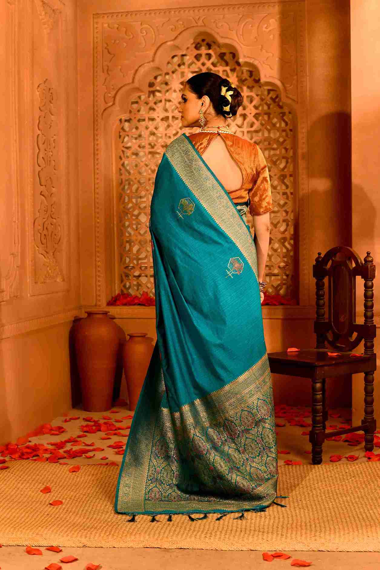 Rajneel Semi Tussar Silk Banarasi  | Geometric Rekha Motifs & Floral Weave