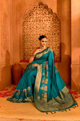 Rajneel Semi Tussar Silk Banarasi  | Geometric Rekha Motifs & Floral Weave