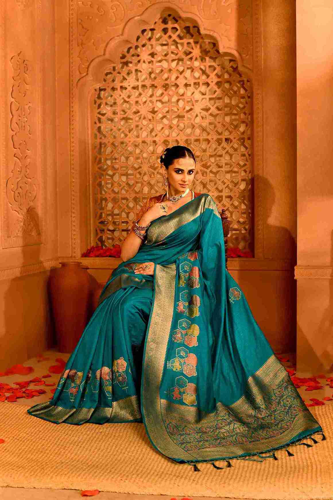 Rajneel Semi Tussar Silk Banarasi  | Geometric Rekha Motifs & Floral Weave