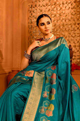 Rajneel Semi Tussar Silk Banarasi  | Geometric Rekha Motifs & Floral Weave