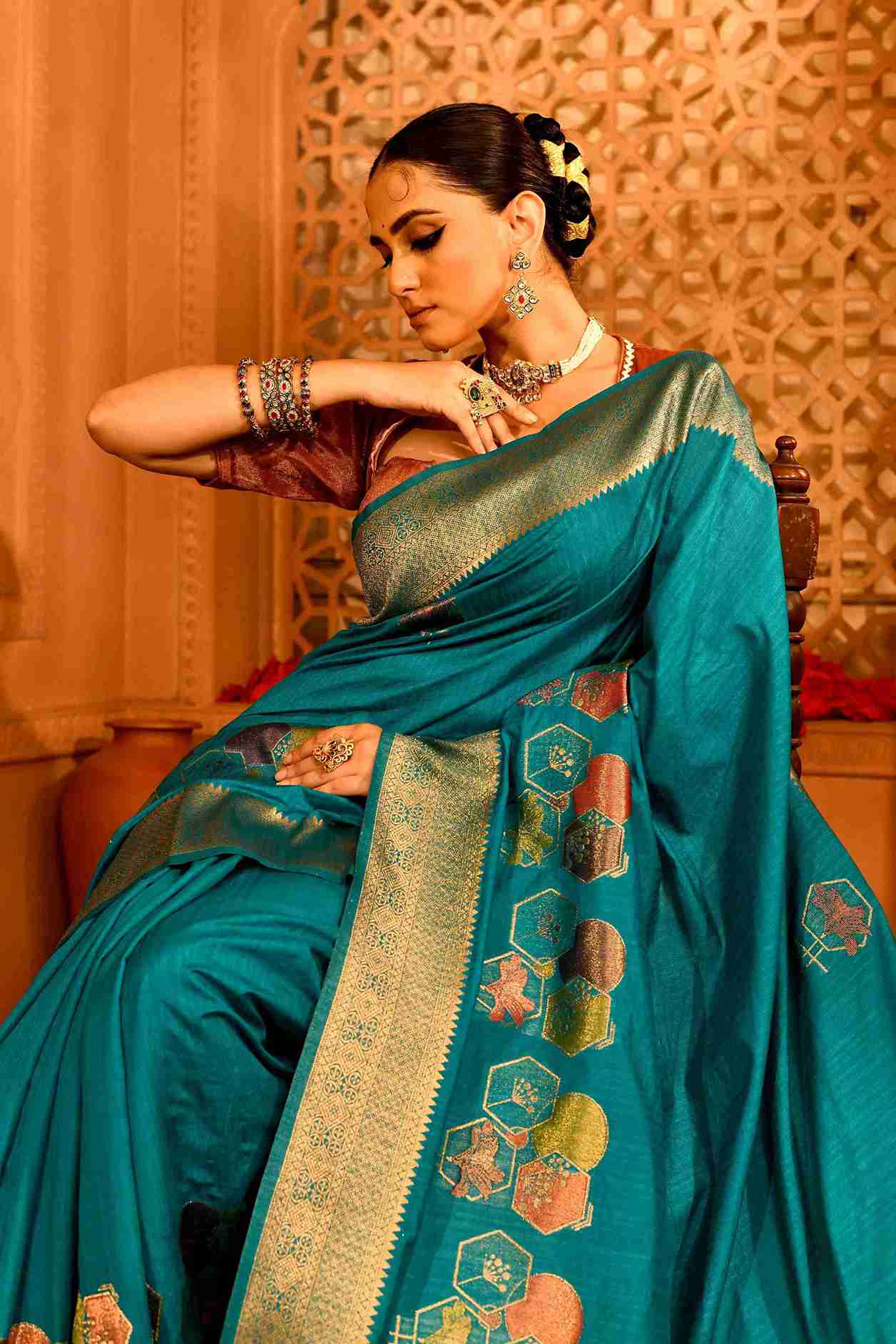 Rajneel Semi Tussar Silk Banarasi  | Geometric Rekha Motifs & Floral Weave