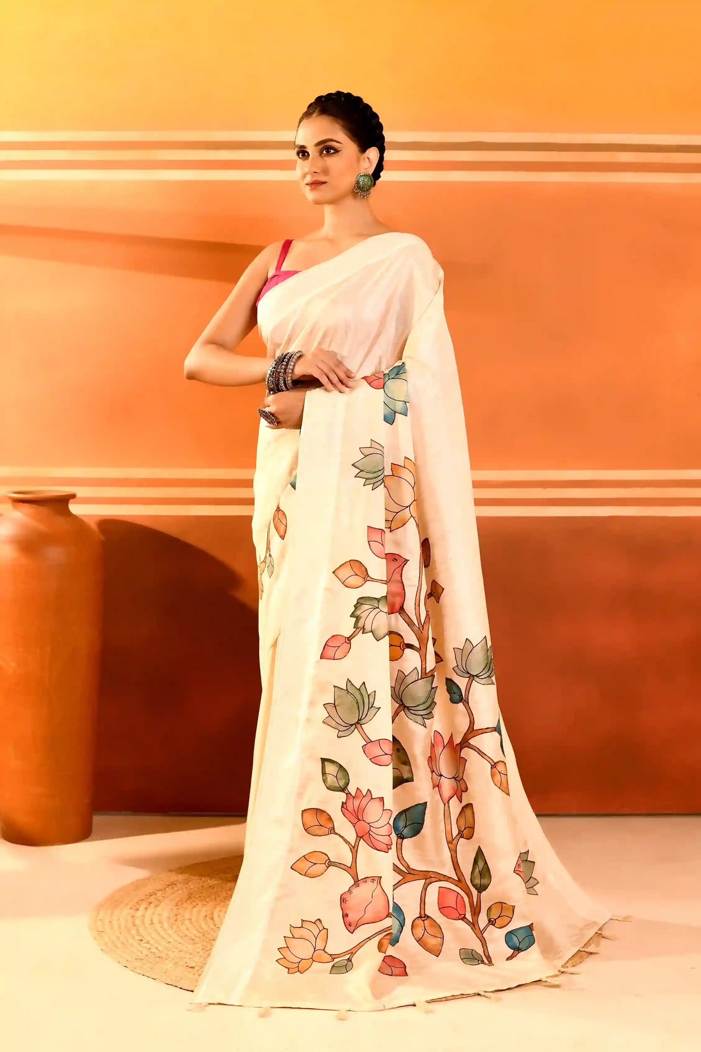 Padmavalli - Tussar Blend Saree with Hand-Painted Design Kalamkari Appliqué
