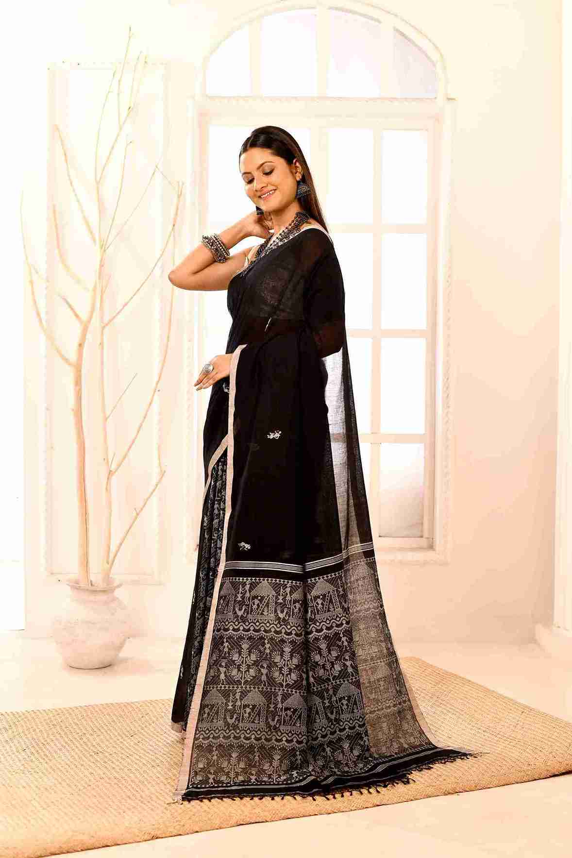 Nishithpalli - Pure Cotton Handloom Jamdani with Warli Story-Weave | Blouse Piece Included