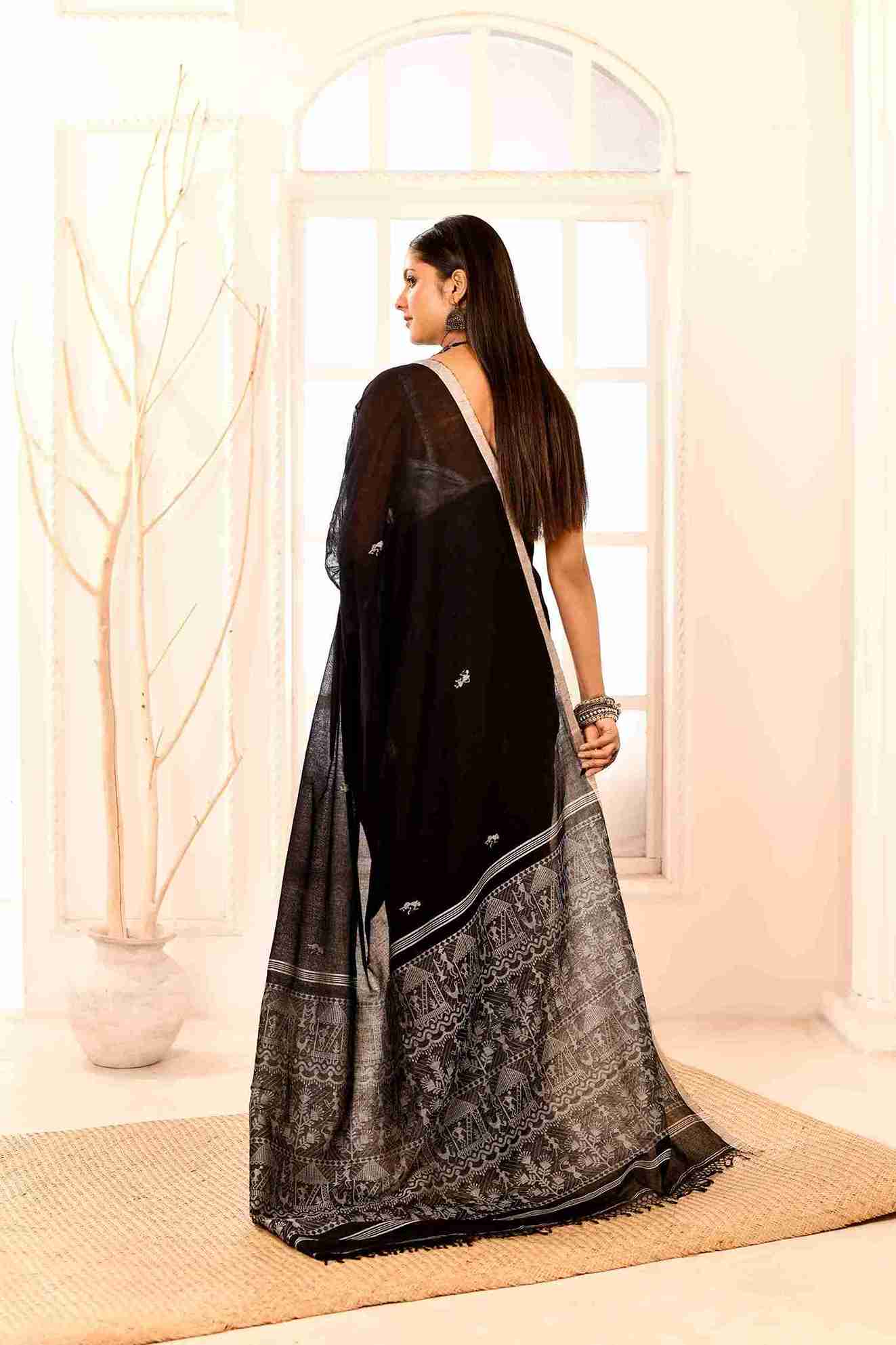 Nishithpalli - Pure Cotton Handloom Jamdani with Warli Story-Weave | Blouse Piece Included