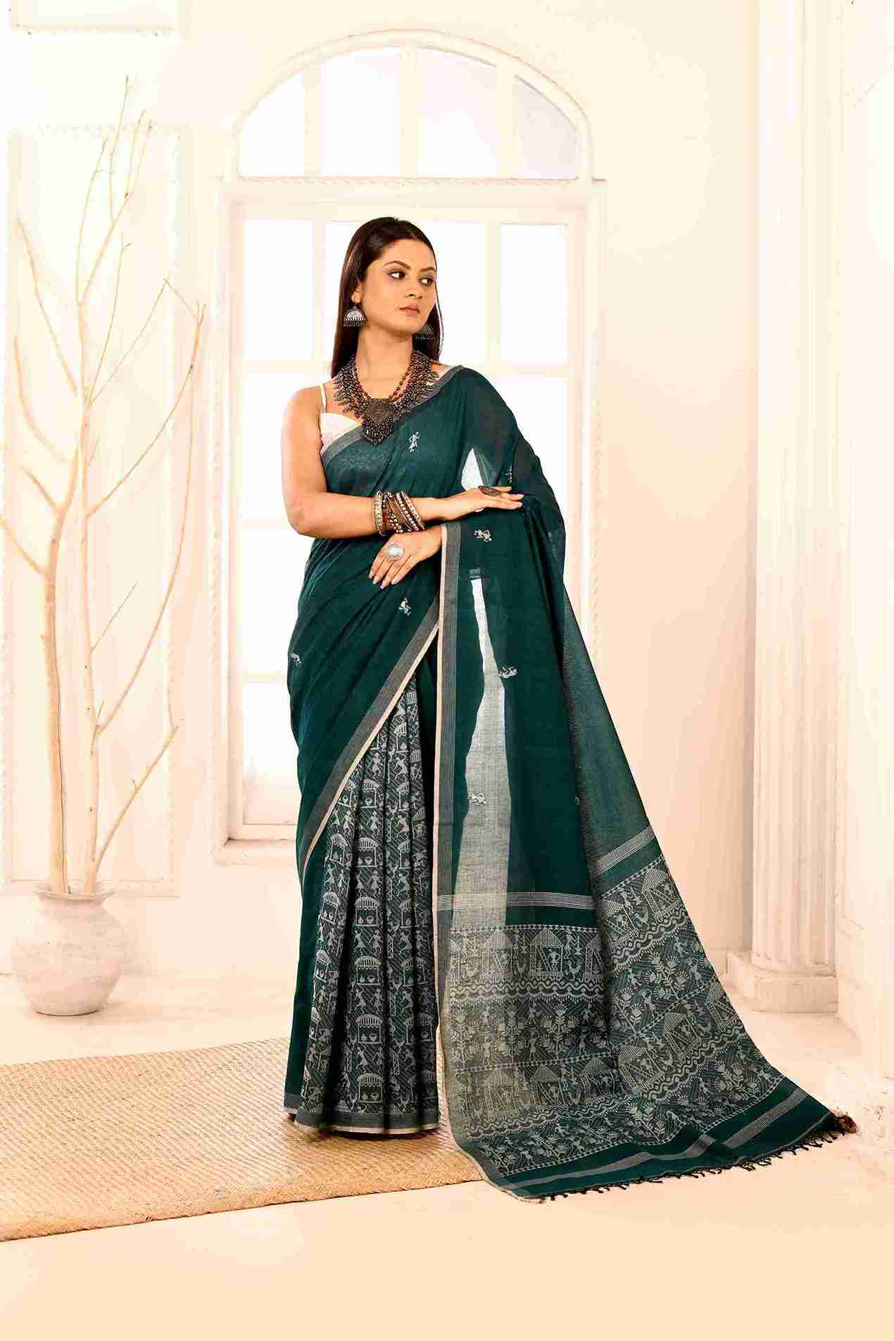 Vanapalli Pure Cotton Handloom Jamdani with Warli Story-Weave | Blouse Piece Included