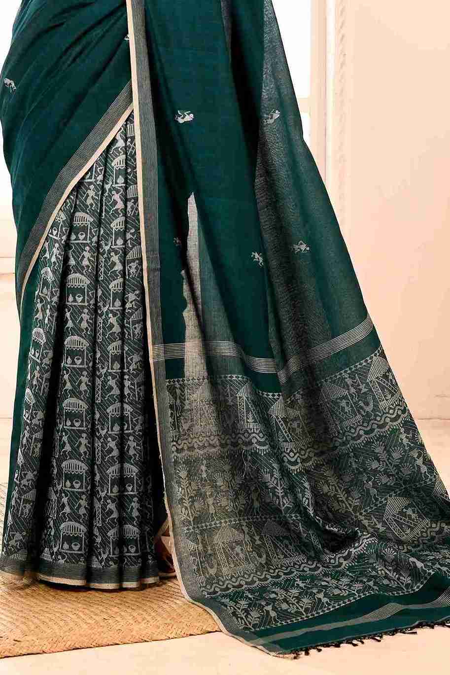 Vanapalli Pure Cotton Handloom Jamdani with Warli Story-Weave | Blouse Piece Included