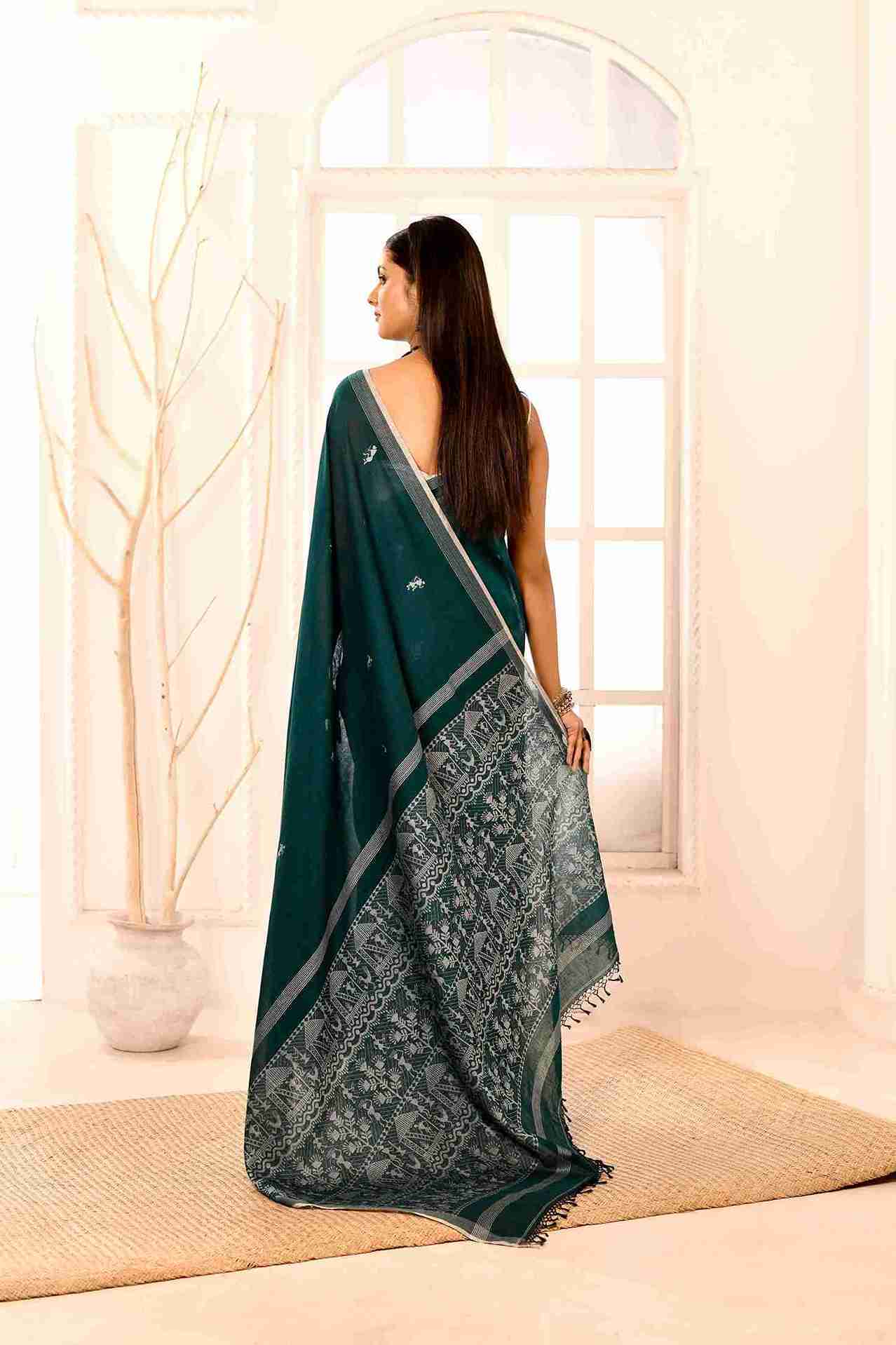 Vanapalli Pure Cotton Handloom Jamdani with Warli Story-Weave | Blouse Piece Included