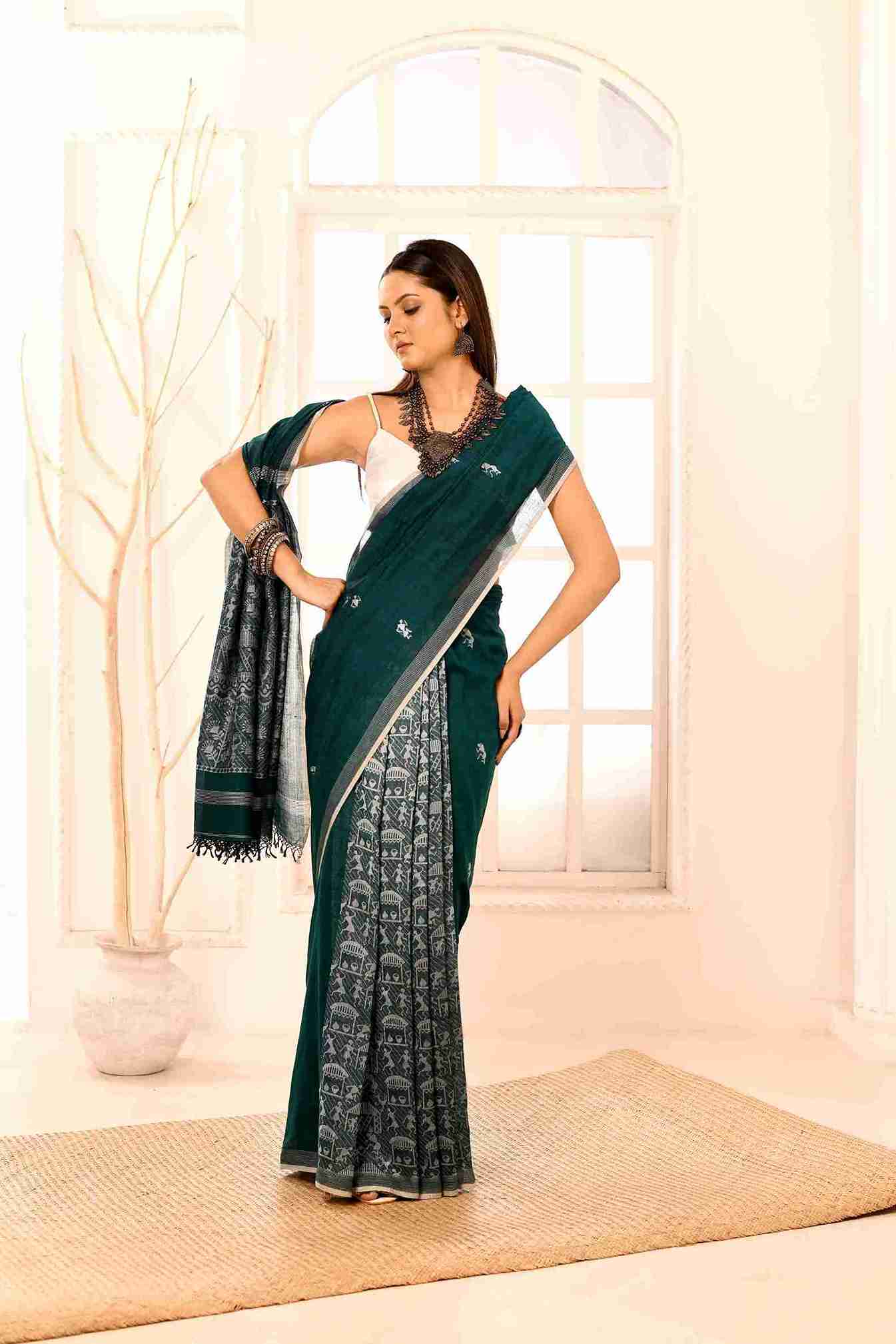 Vanapalli Pure Cotton Handloom Jamdani with Warli Story-Weave | Blouse Piece Included