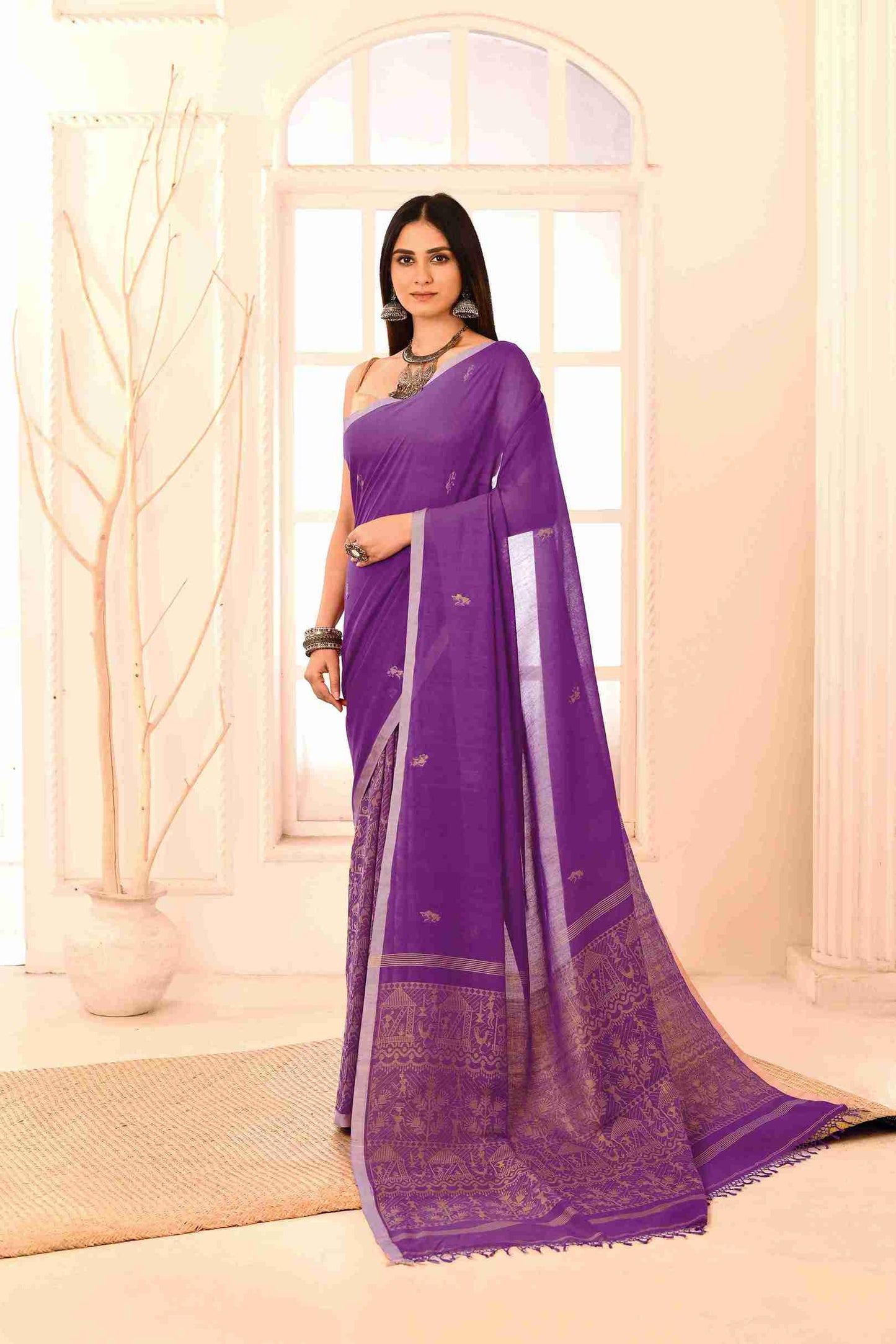 Rangraaga Pure Cotton Handloom Jamdani with Warli Story-Weave | Blouse Piece Included