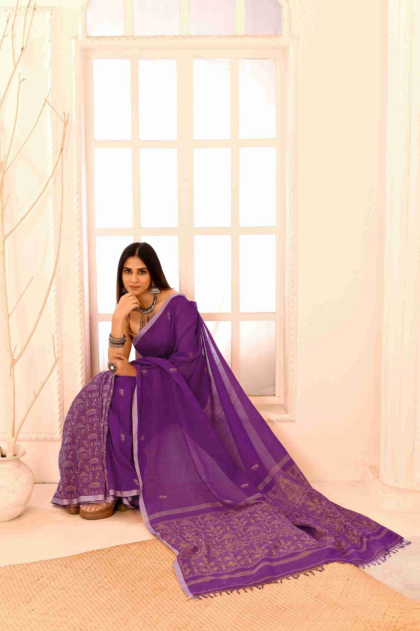 Rangraaga Pure Cotton Handloom Jamdani with Warli Story-Weave | Blouse Piece Included