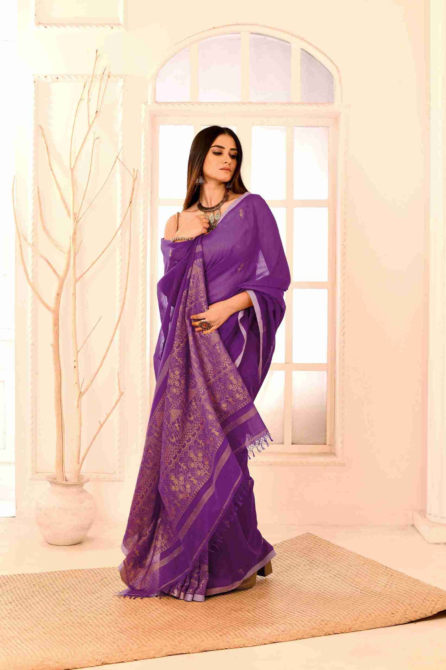 Rangraaga Pure Cotton Handloom Jamdani with Warli Story-Weave | Blouse Piece Included