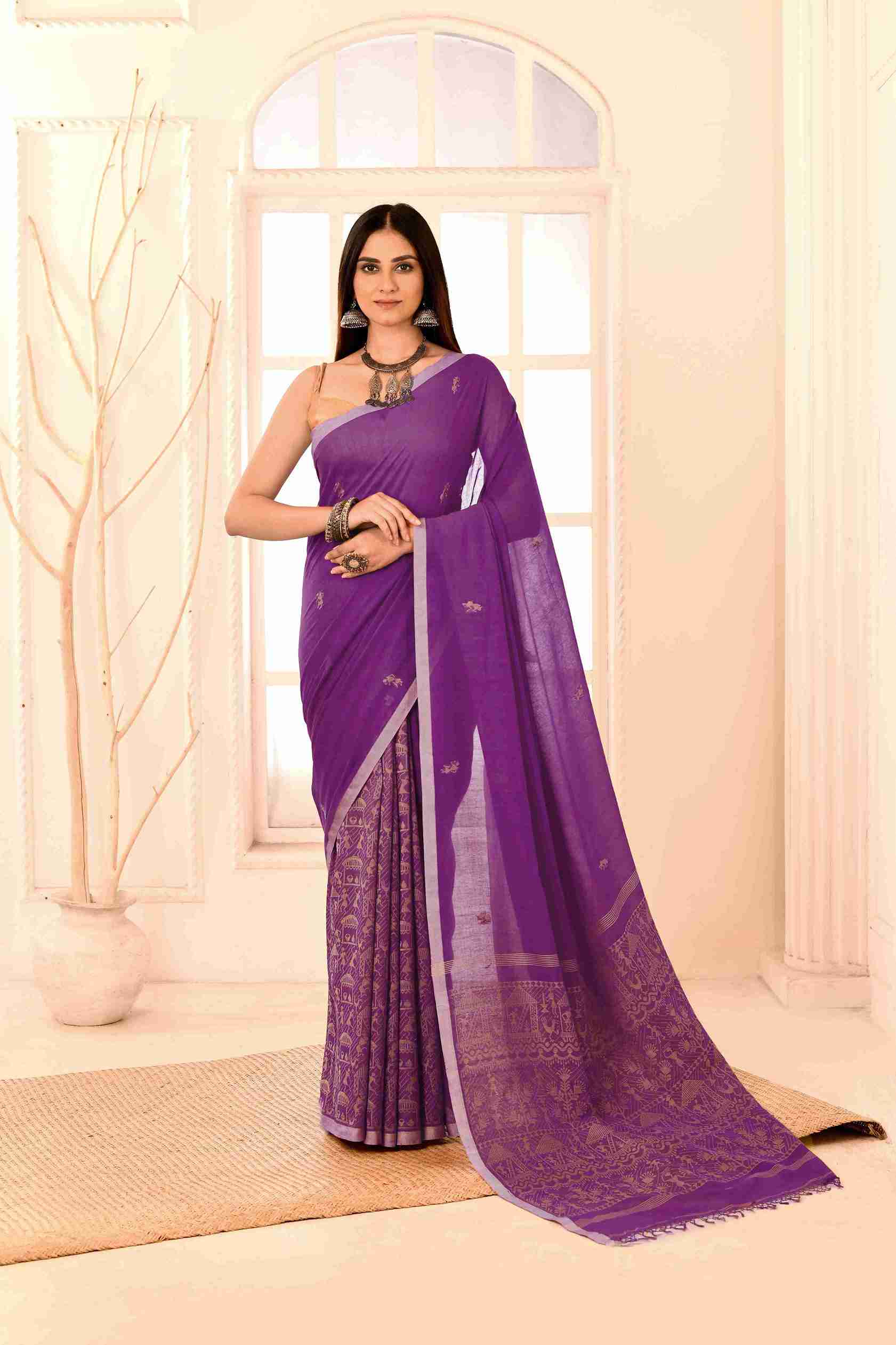 Rangraaga Pure Cotton Handloom Jamdani with Warli Story-Weave | Blouse Piece Included