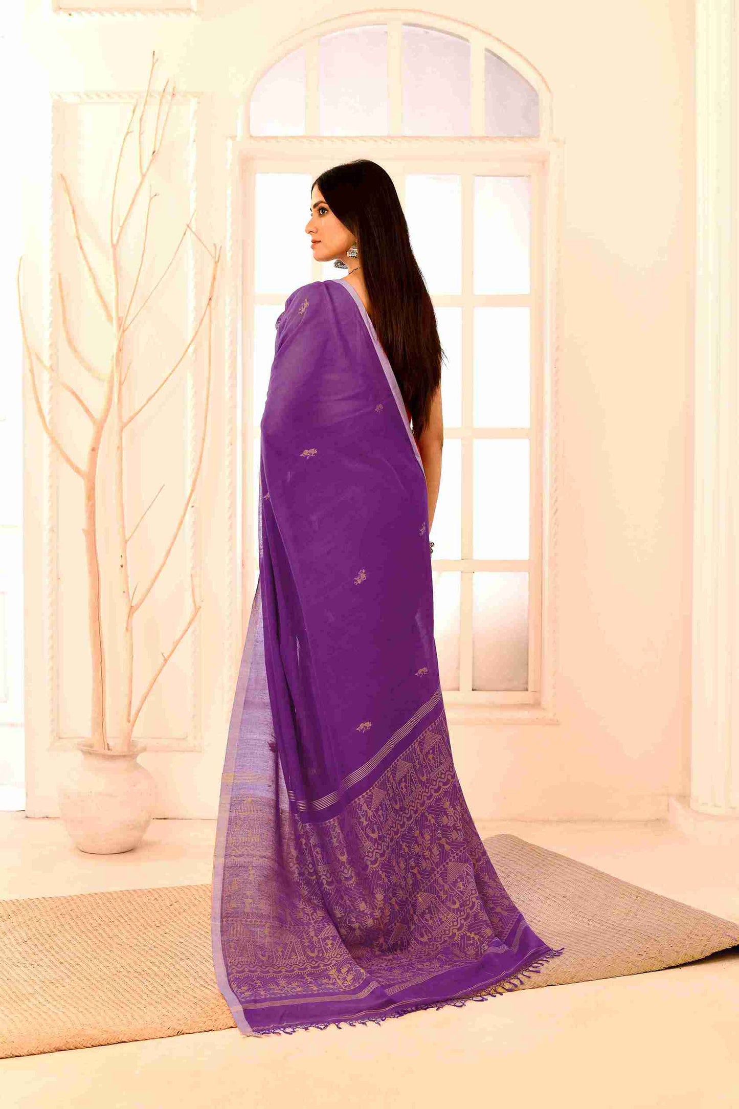 Rangraaga Pure Cotton Handloom Jamdani with Warli Story-Weave | Blouse Piece Included