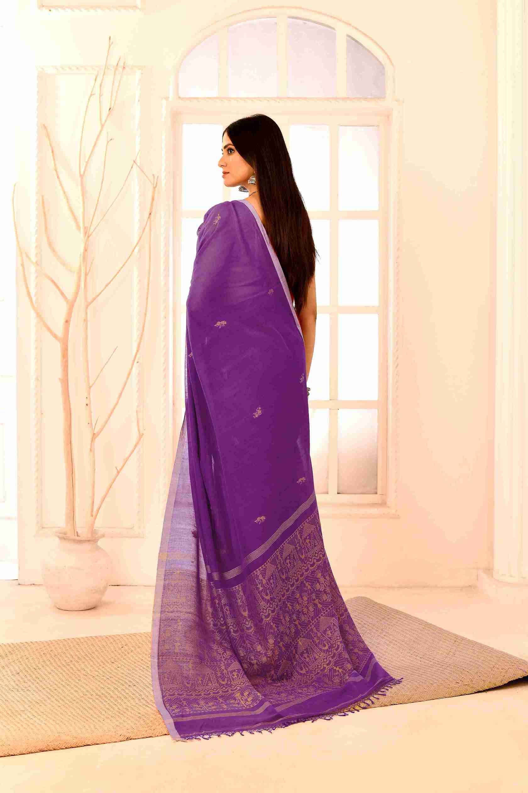 Rangraaga Pure Cotton Handloom Jamdani with Warli Story-Weave | Blouse Piece Included