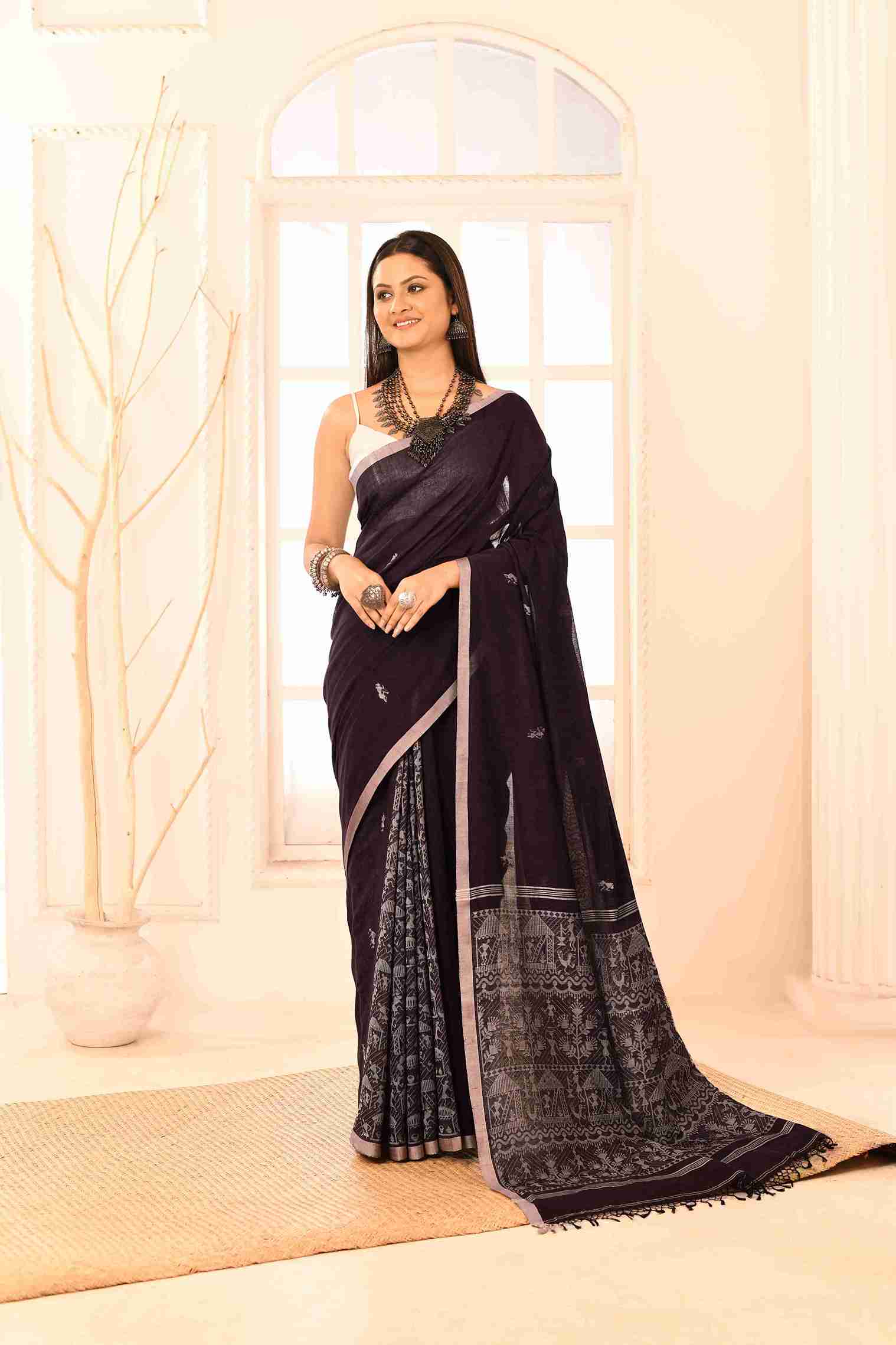 Jambunika Pure Cotton Handloom Jamdani with Warli Story-Weave | Blouse Piece Included