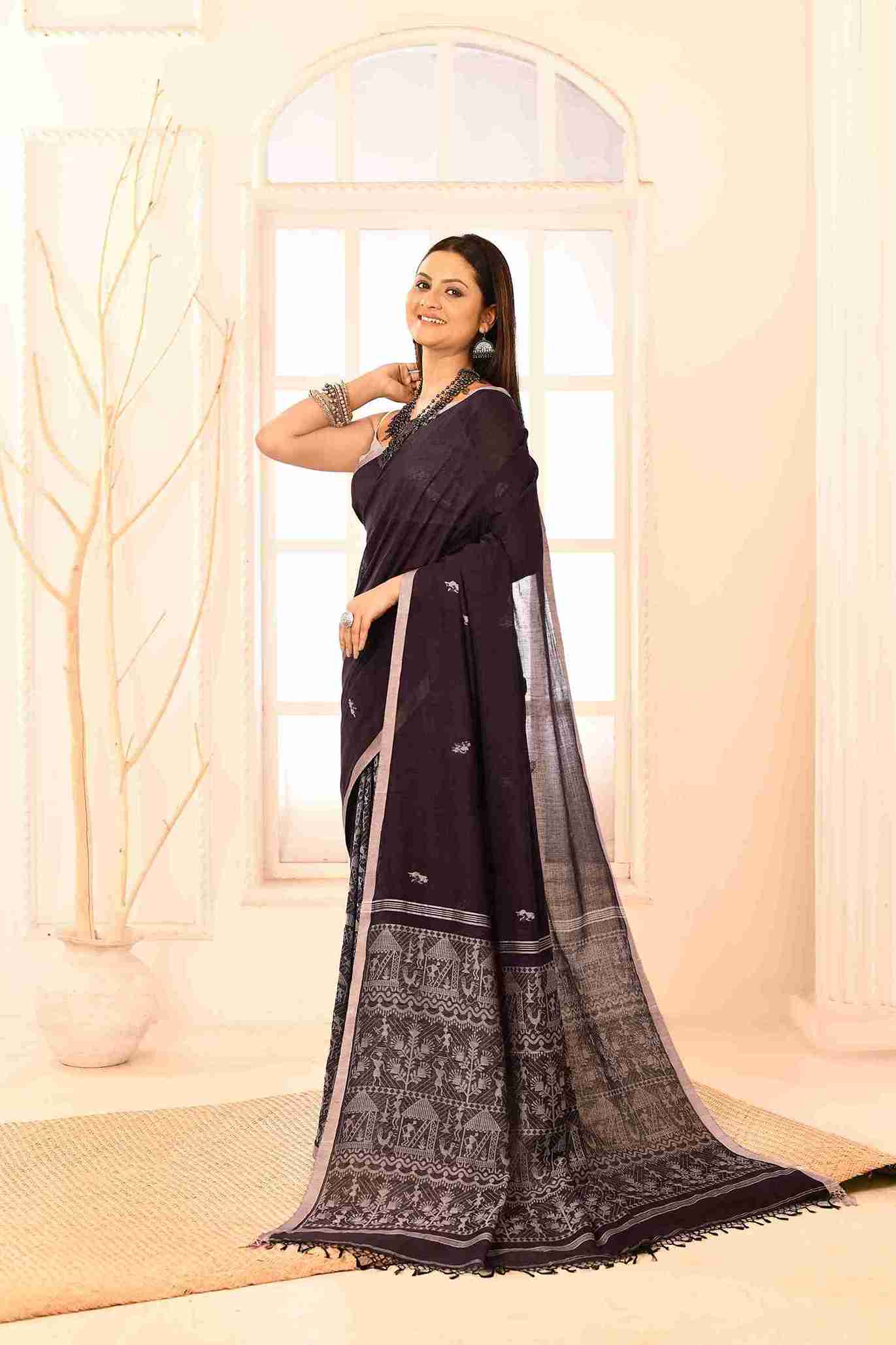 Jambunika Pure Cotton Handloom Jamdani with Warli Story-Weave | Blouse Piece Included