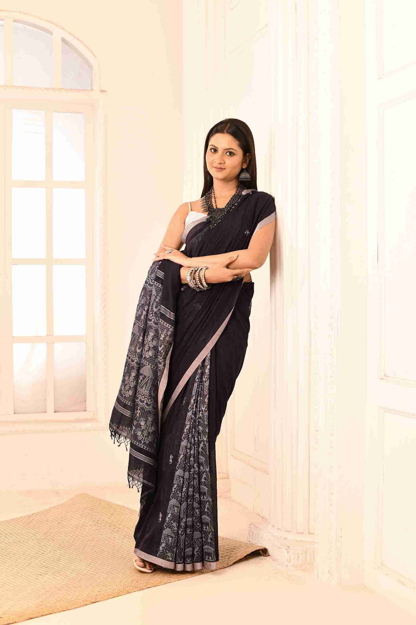 Jambunika Pure Cotton Handloom Jamdani with Warli Story-Weave | Blouse Piece Included