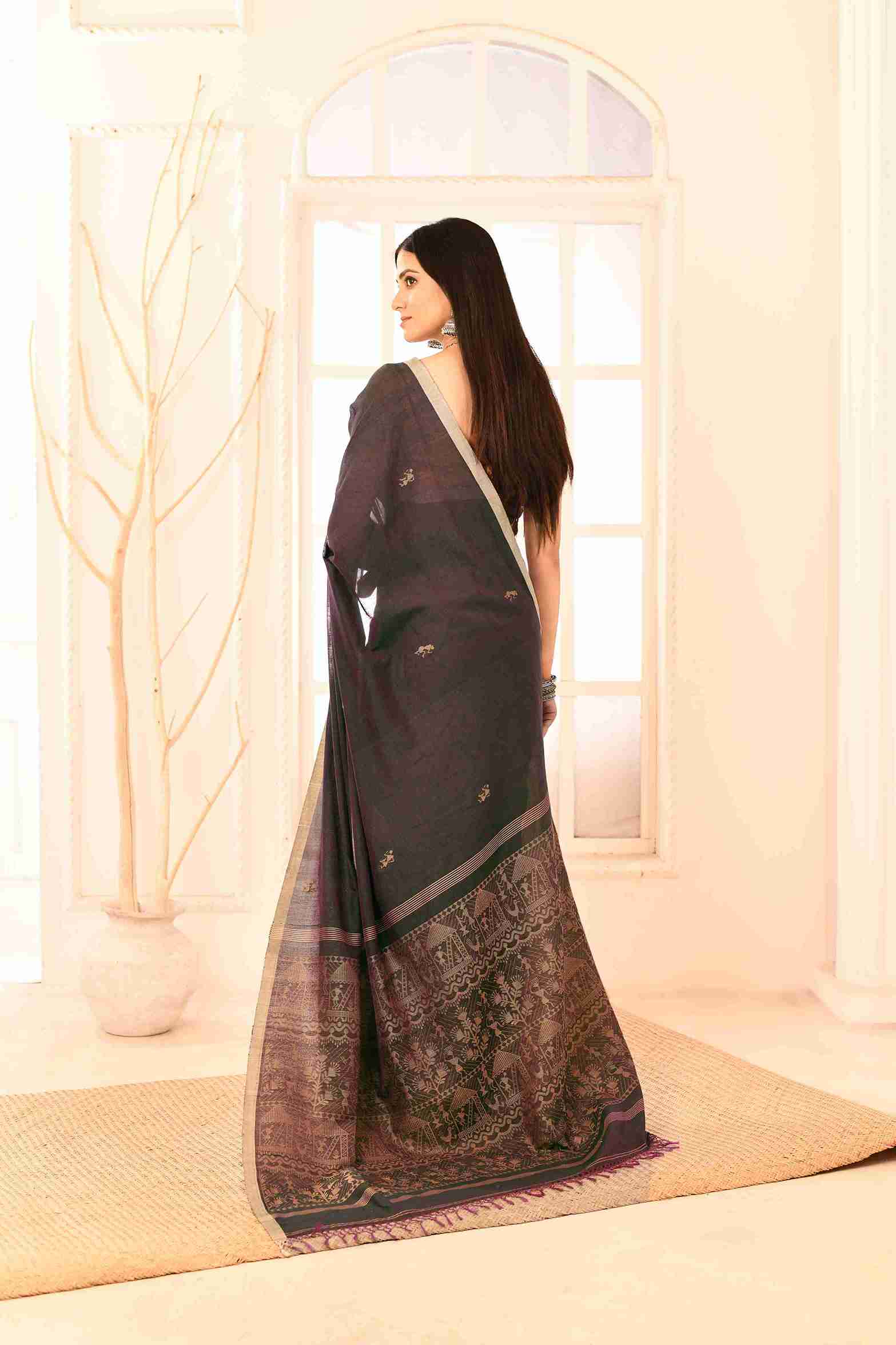 Tamalika Pure Cotton Handloom Jamdani with Warli Story-Weave | Blouse Piece Included