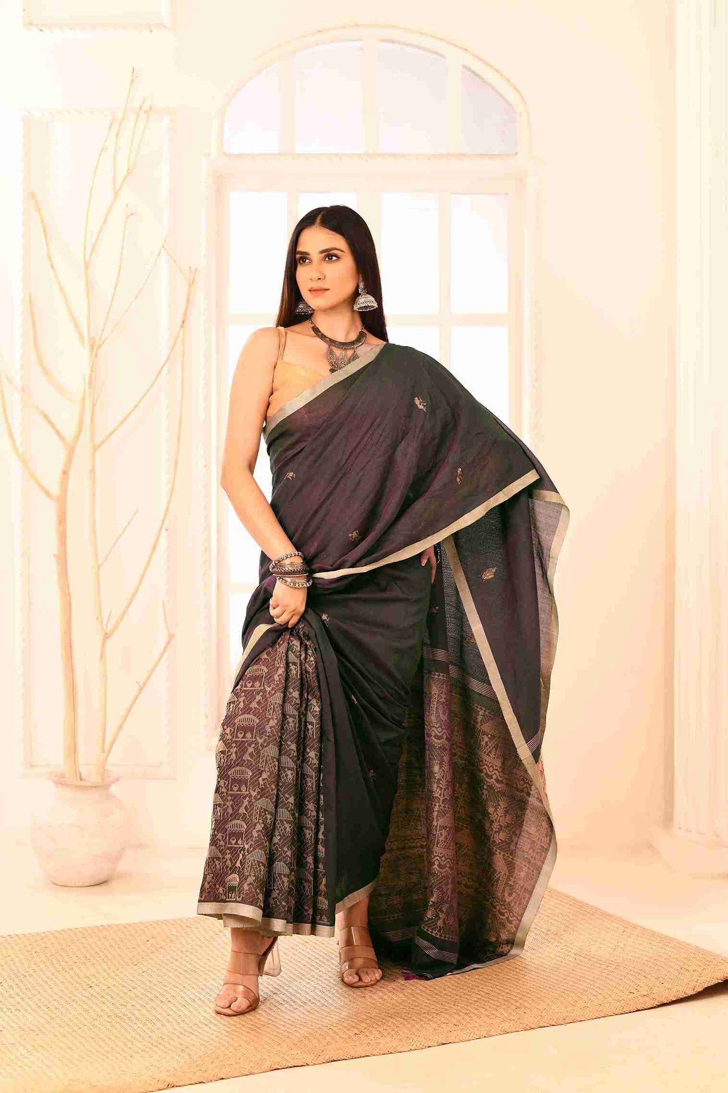 Tamalika Pure Cotton Handloom Jamdani with Warli Story-Weave | Blouse Piece Included