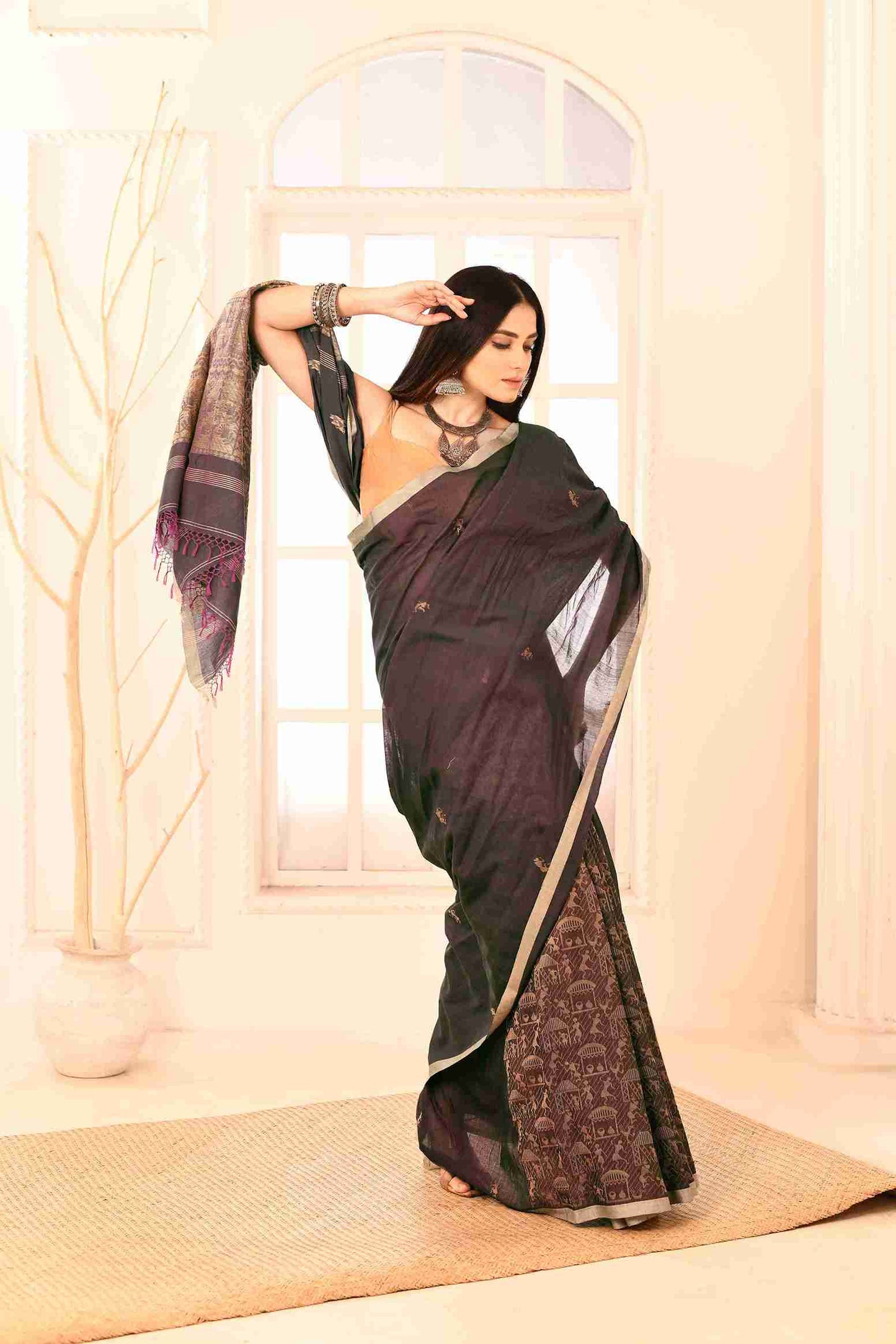 Tamalika Pure Cotton Handloom Jamdani with Warli Story-Weave | Blouse Piece Included