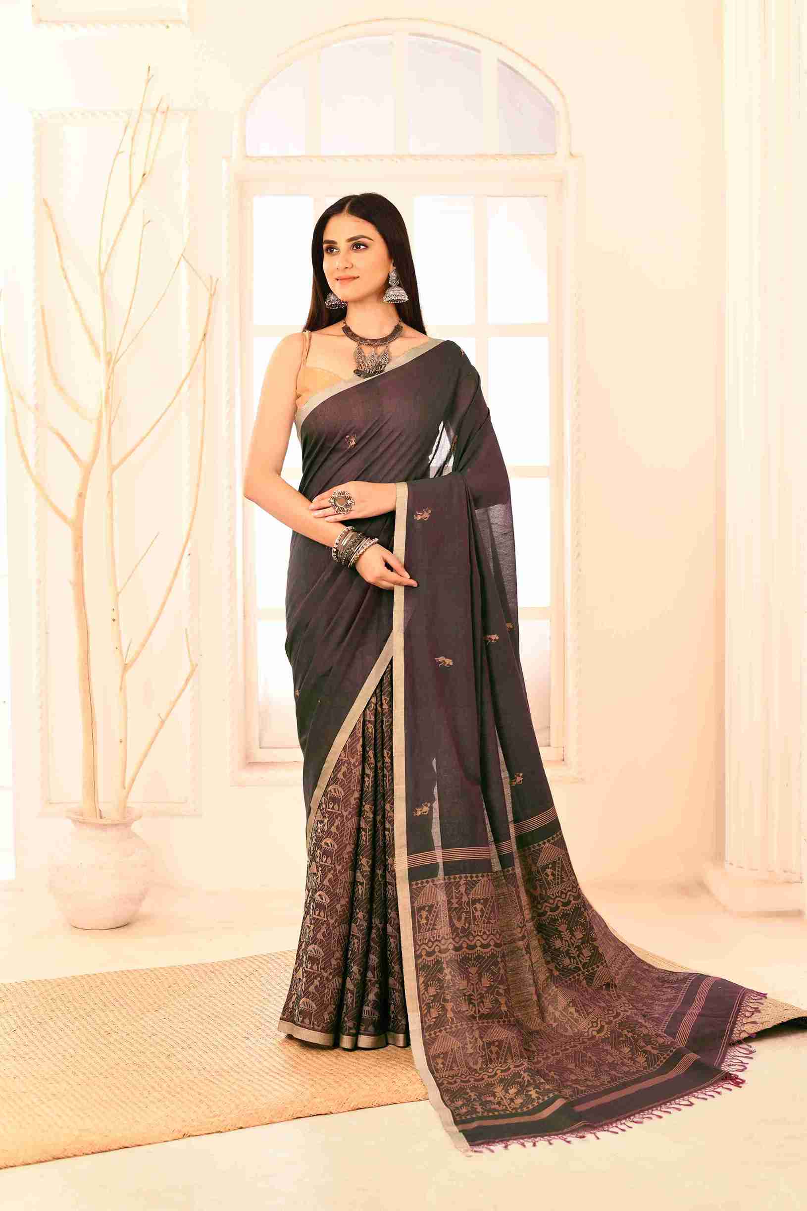 Tamalika Pure Cotton Handloom Jamdani with Warli Story-Weave | Blouse Piece Included