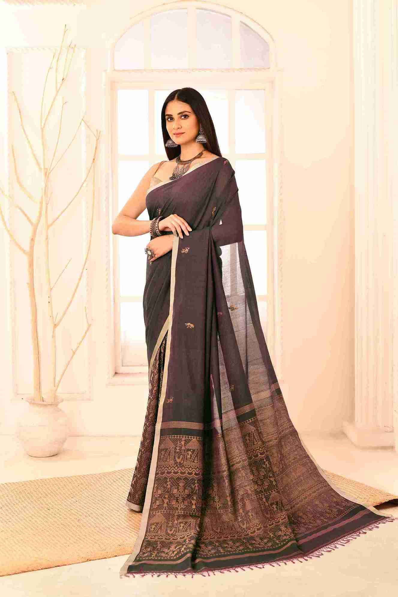 Tamalika Pure Cotton Handloom Jamdani with Warli Story-Weave | Blouse Piece Included