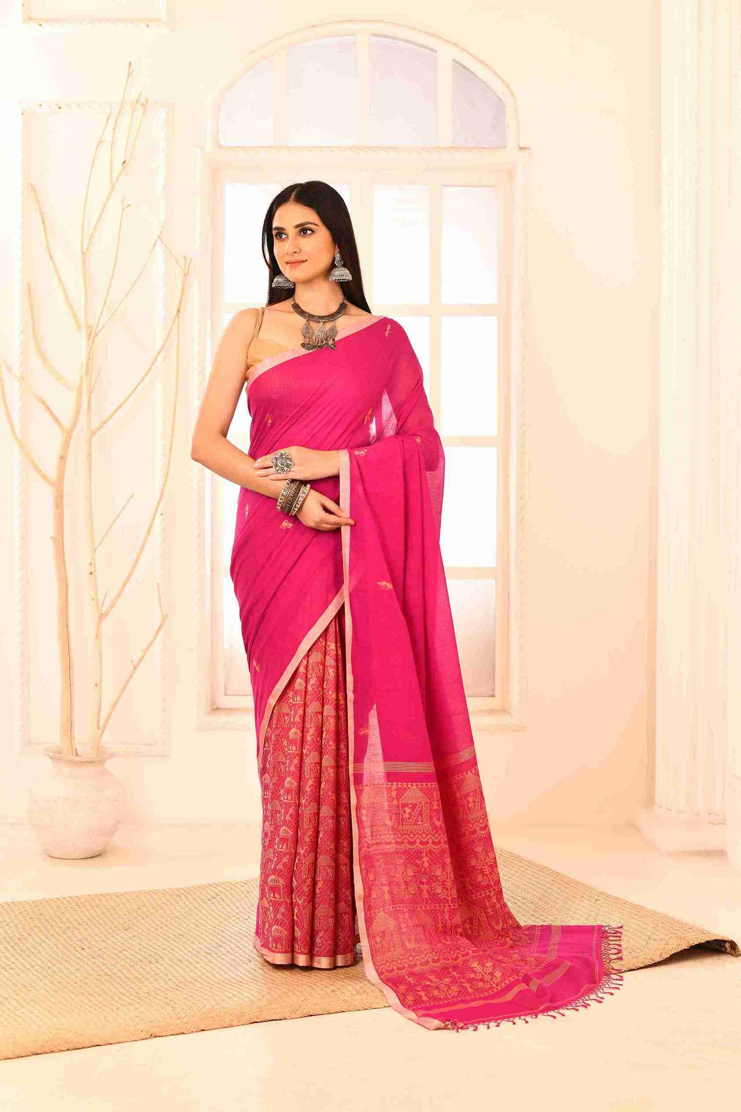 Gulnaar Pure Cotton Handloom Jamdani with Warli Story-Weave | Blouse Piece Included