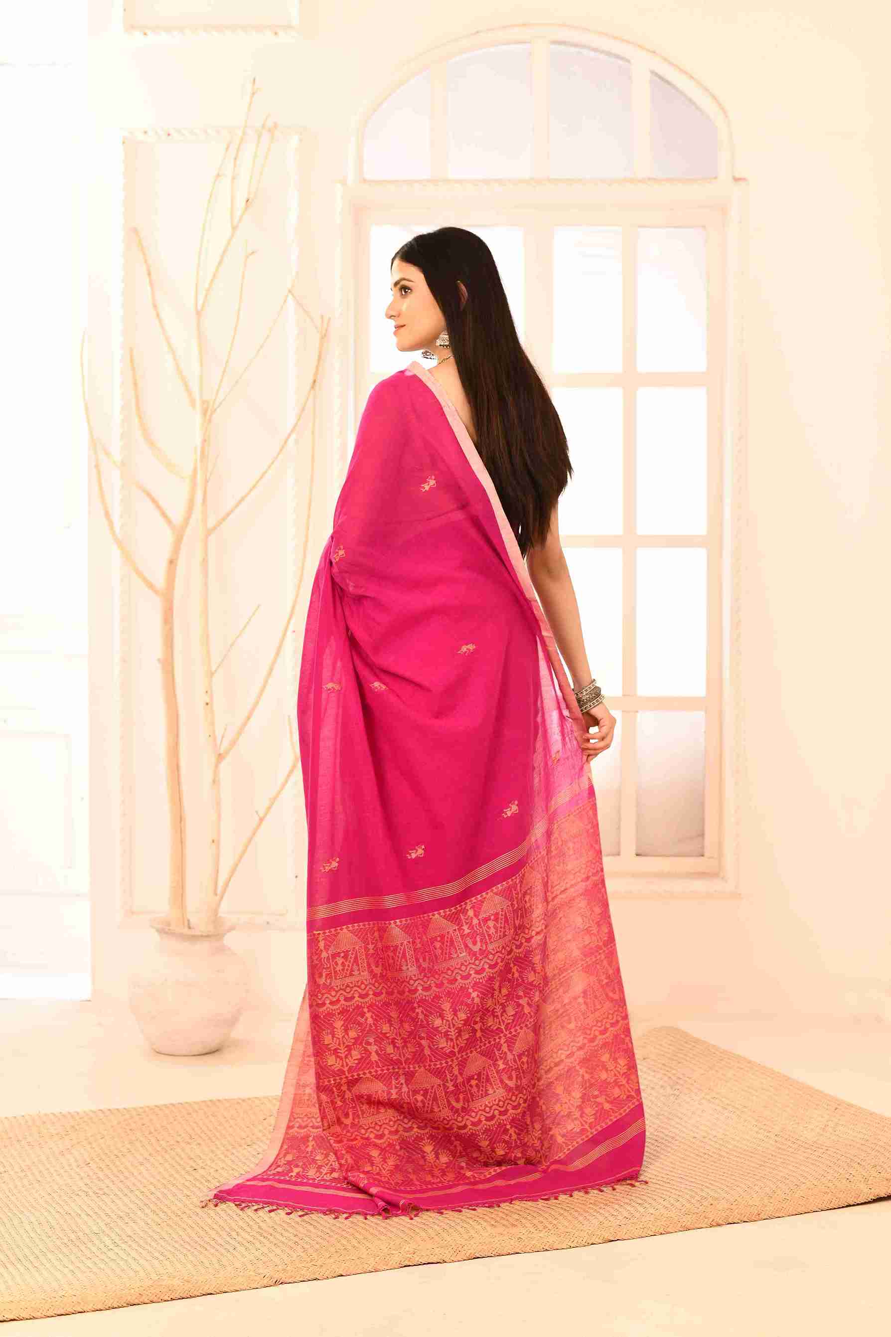 Gulnaar Pure Cotton Handloom Jamdani with Warli Story-Weave | Blouse Piece Included