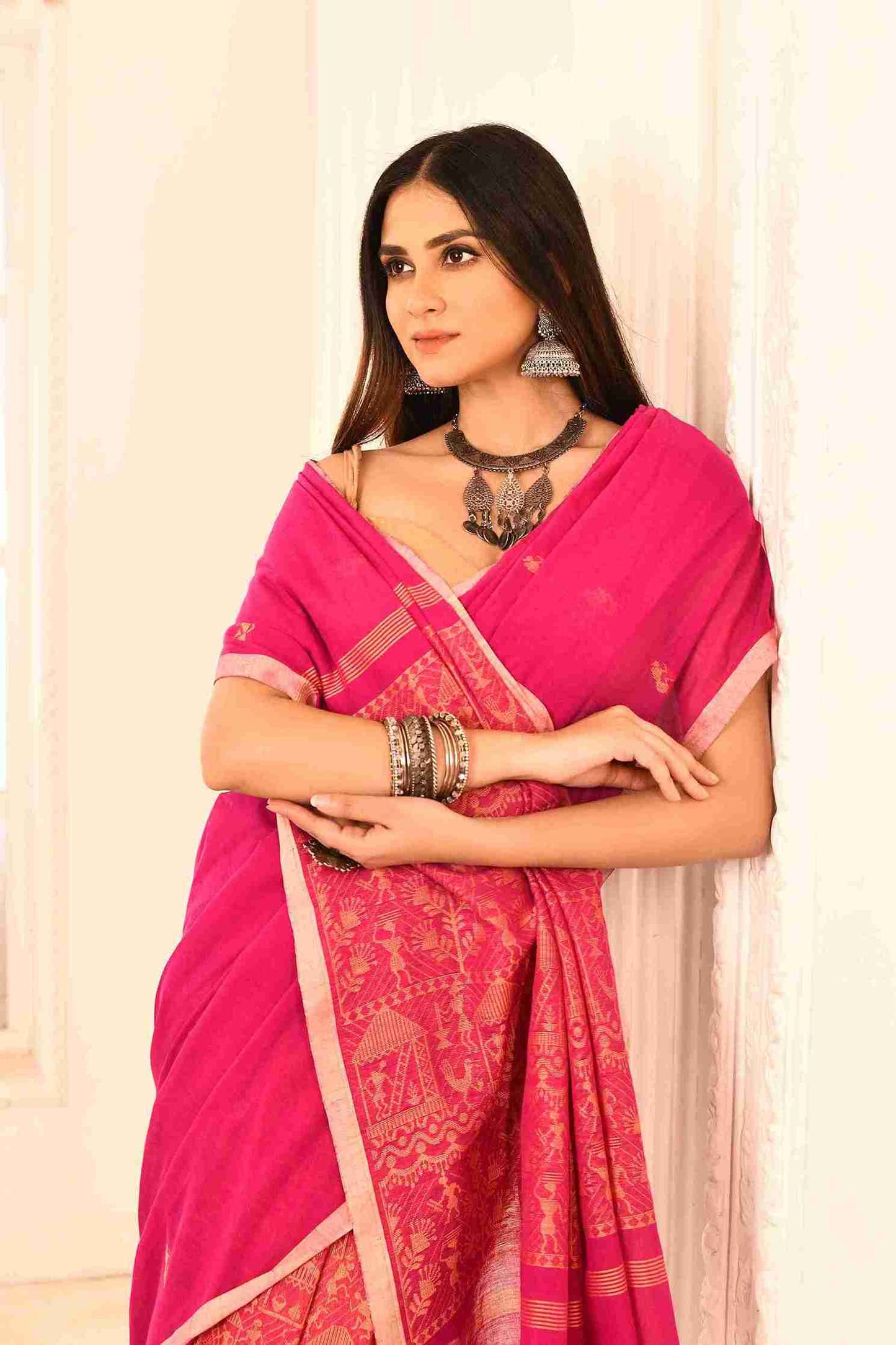 Gulnaar Pure Cotton Handloom Jamdani with Warli Story-Weave | Blouse Piece Included