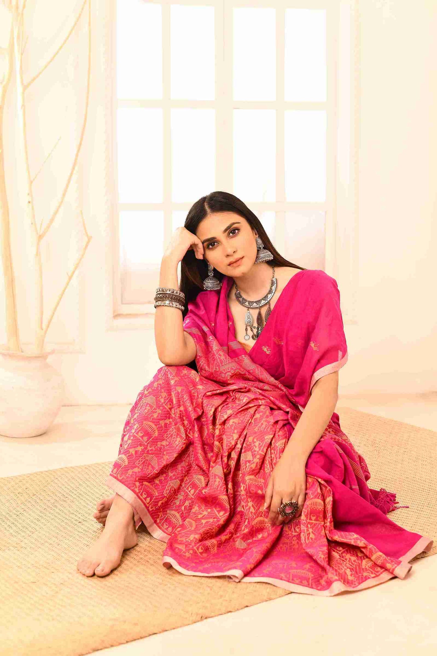 Gulnaar Pure Cotton Handloom Jamdani with Warli Story-Weave | Blouse Piece Included