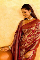 Gulabi Zari Gajji Silk Banarasi | Woven Vine Jaal & Antique - Gold Zari - Ethlore