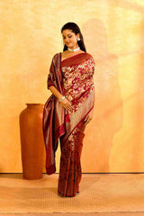 Gulabi Zari Gajji Silk Banarasi | Woven Vine Jaal & Antique - Gold Zari - Ethlore