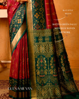 Gulnaar Van Semi Blended Silk | Ikat Weave | Dual - Tone Ruby Red + Bottle Green - Ethlore