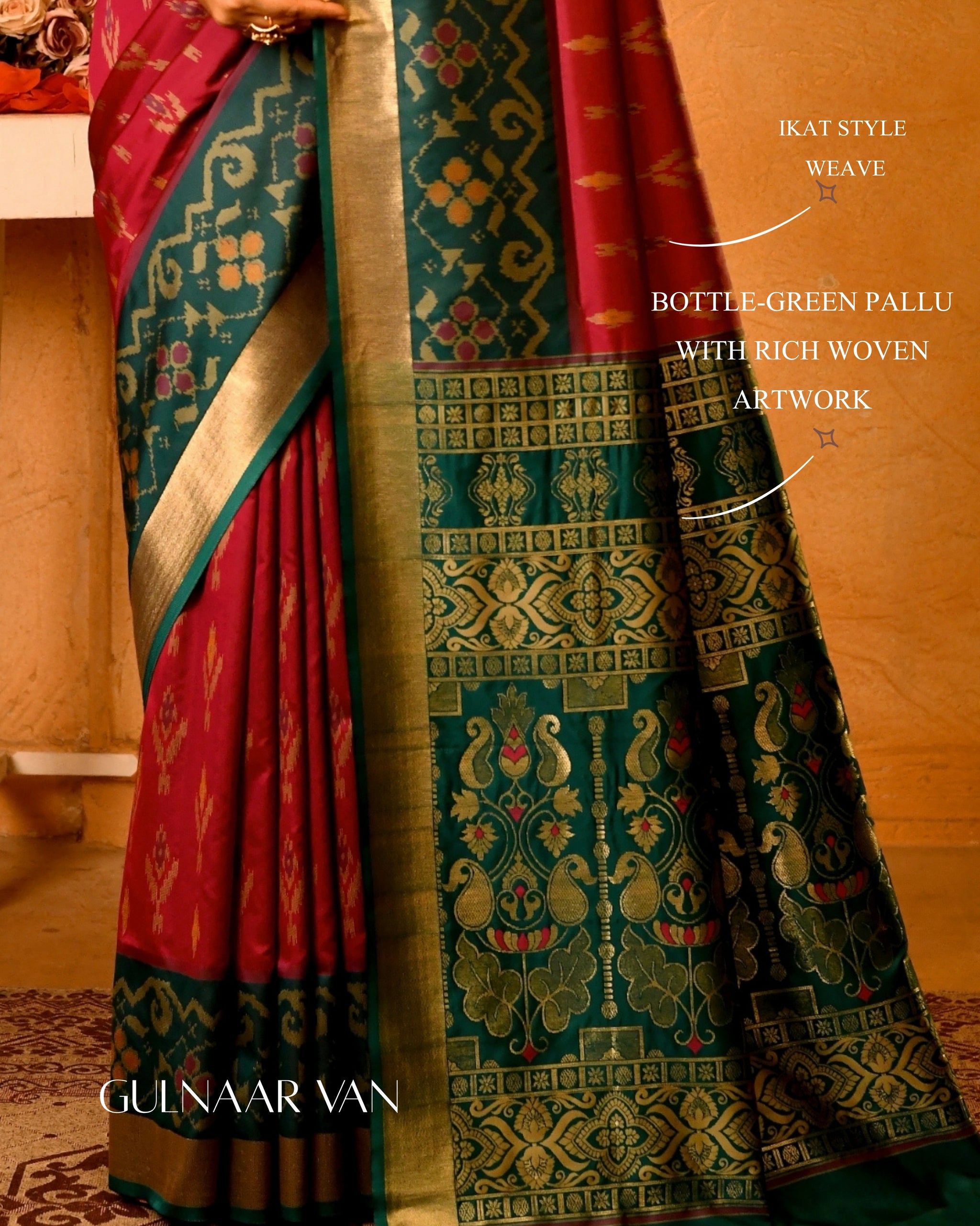 Gulnaar Van Semi Blended Silk | Ikat Weave | Dual - Tone Ruby Red + Bottle Green - Ethlore