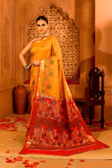 Kesar Kumkum Blended Silk | Floral Jamdani-Style Weave & Contrast Pallu & Border