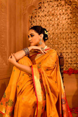 Kesar Kumkum Blended Silk | Floral Jamdani-Style Weave & Contrast Pallu & Border