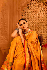 Kesar Kumkum Blended Silk | Floral Jamdani-Style Weave & Contrast Pallu & Border