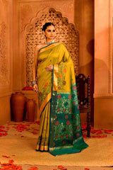 Mehendi Mayur Blended Silk | Floral Jamdani-Style Weave & Contrast Pallu & Border