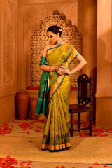 Mehendi Mayur Blended Silk | Floral Jamdani-Style Weave & Contrast Pallu & Border