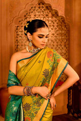 Mehendi Mayur Blended Silk | Floral Jamdani-Style Weave & Contrast Pallu & Border
