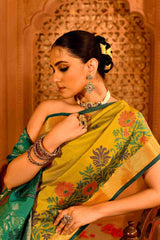 Mehendi Mayur Blended Silk | Floral Jamdani-Style Weave & Contrast Pallu & Border