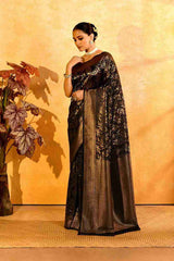 Neel Zari Gajji Silk Banarasi | Woven Vine Jaal & Antique - Gold Zari - Ethlore