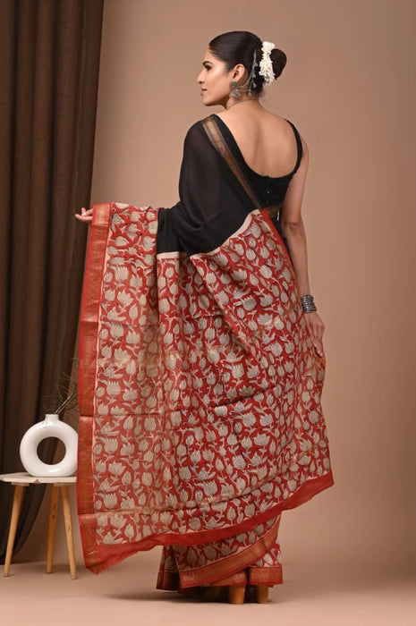 Ratri Kamal – Hand Block Printed Maheshwari Silk Cotton Saree