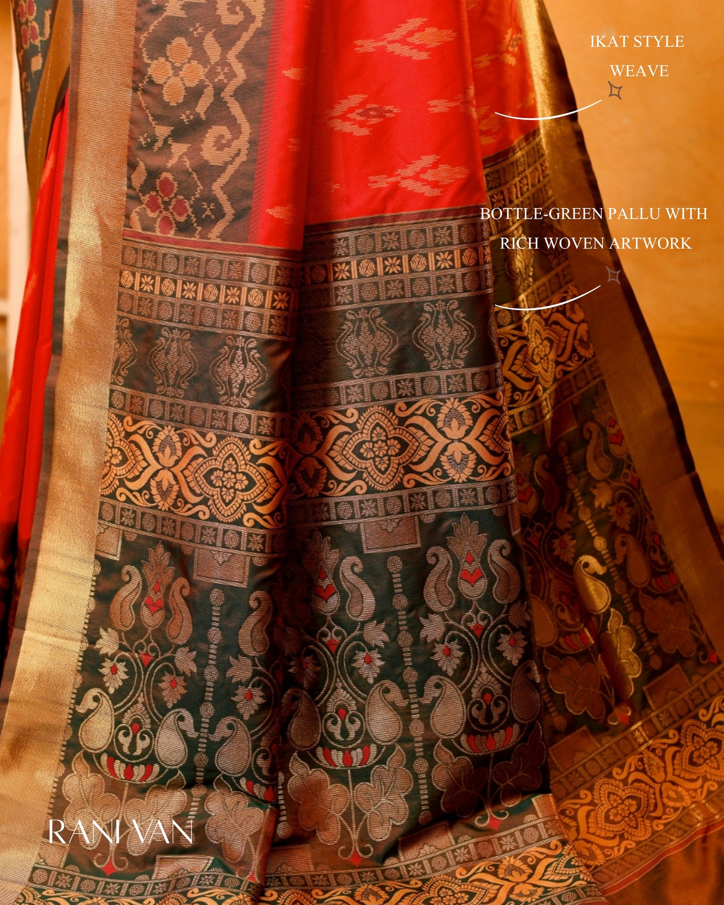 Rani Van Semi Blended Silk | Ikat Weave | Dual - Tone Rani Pink & Bottle Green - Ethlore
