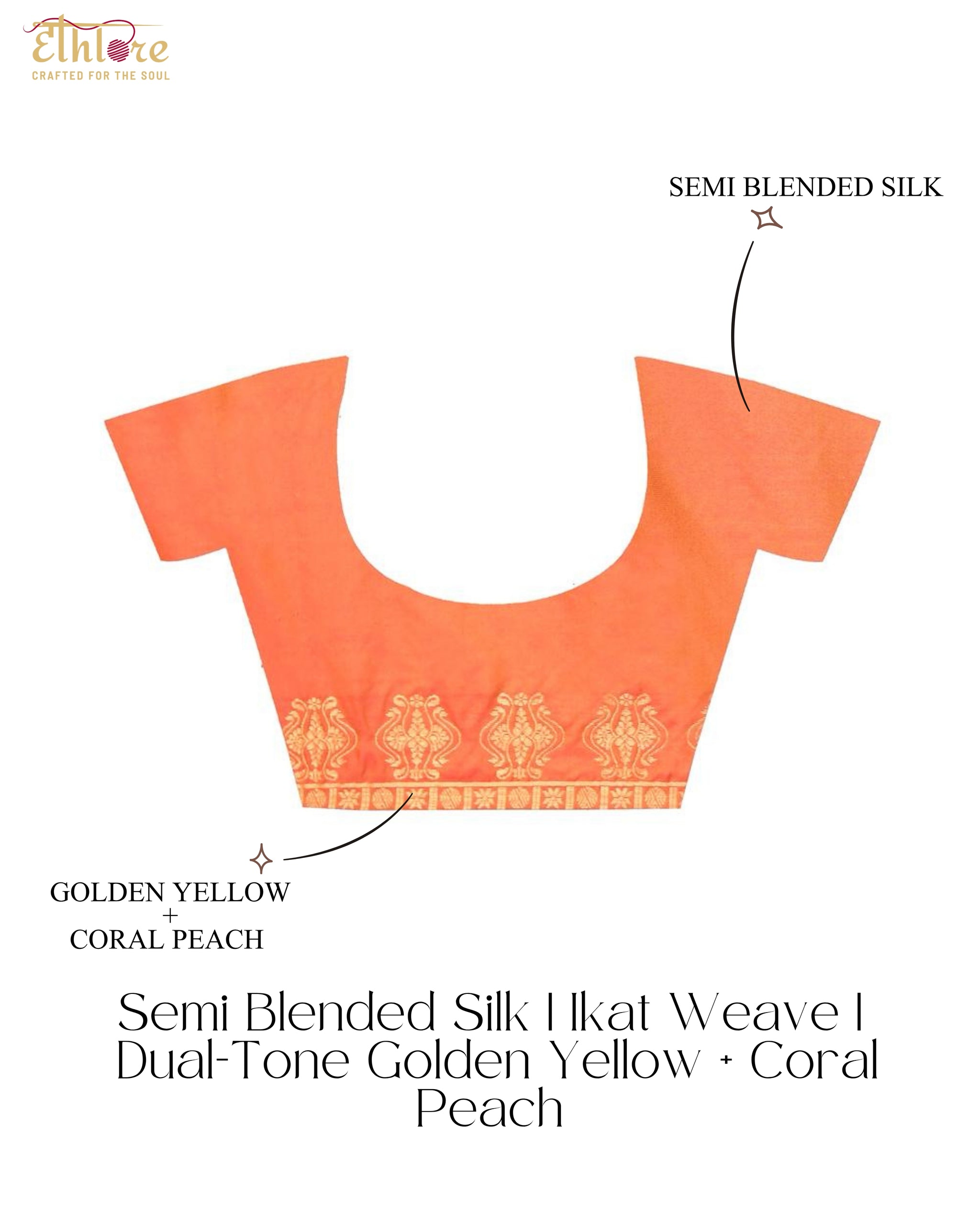 Dhoop Gulabi Semi Blended Silk | Ikat Weave | Dual - Tone Golden Yellow + Coral Peach - Ethlore