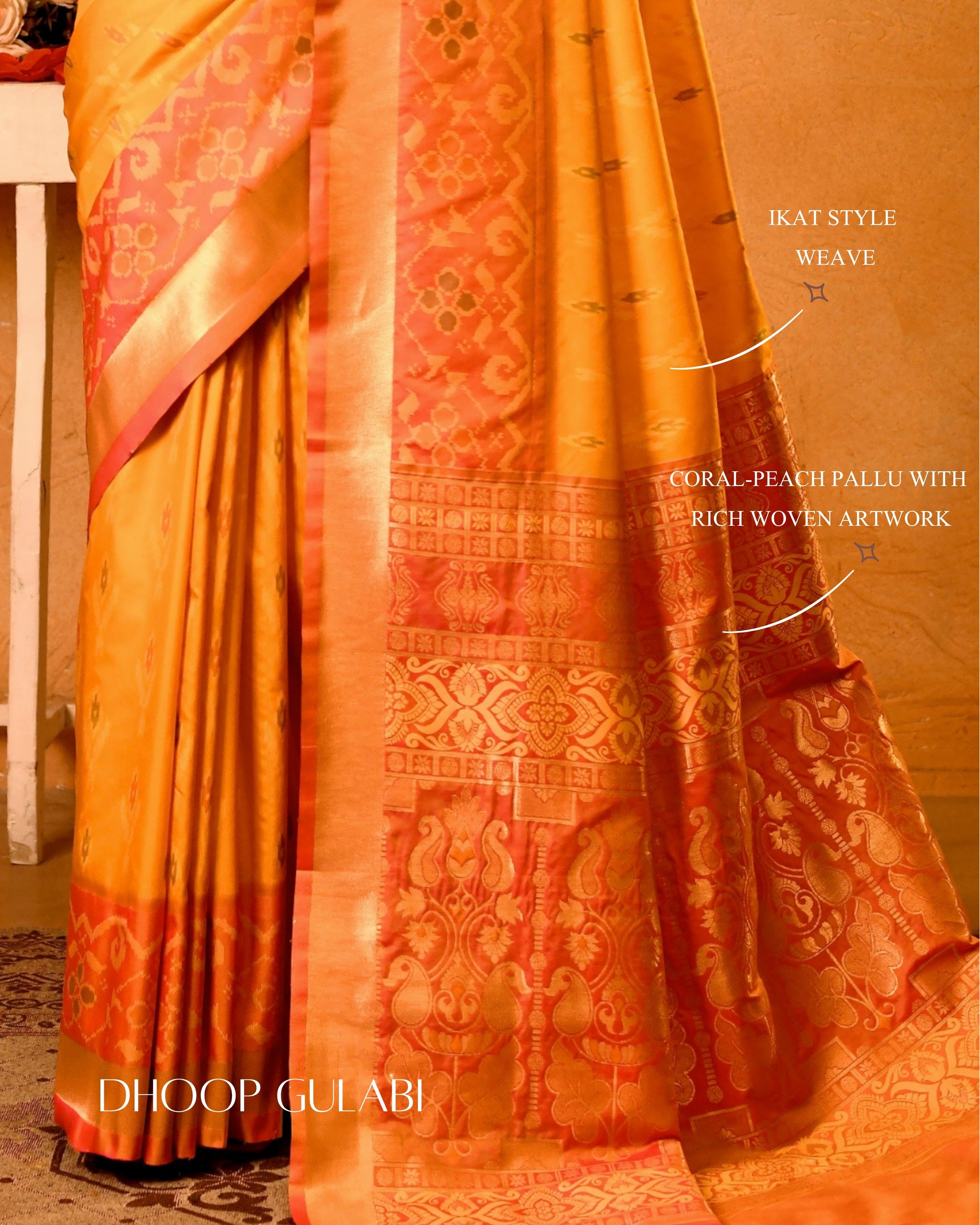 Dhoop Gulabi Semi Blended Silk | Ikat Weave | Dual - Tone Golden Yellow + Coral Peach - Ethlore